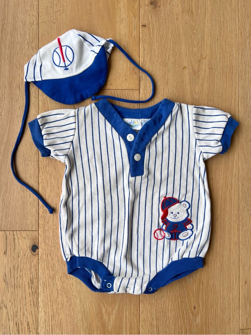Vintage Blue & White Pinstripe Baby Romper with Baseball Cap by Half Moon